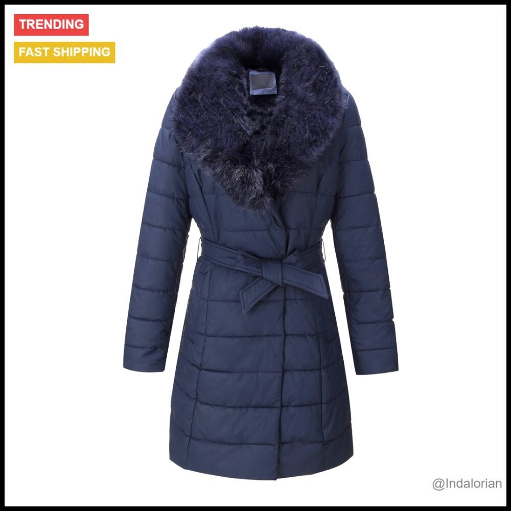Women's Winter Puffer Jacket with Removable Fur Collar Hooded Belted Coat